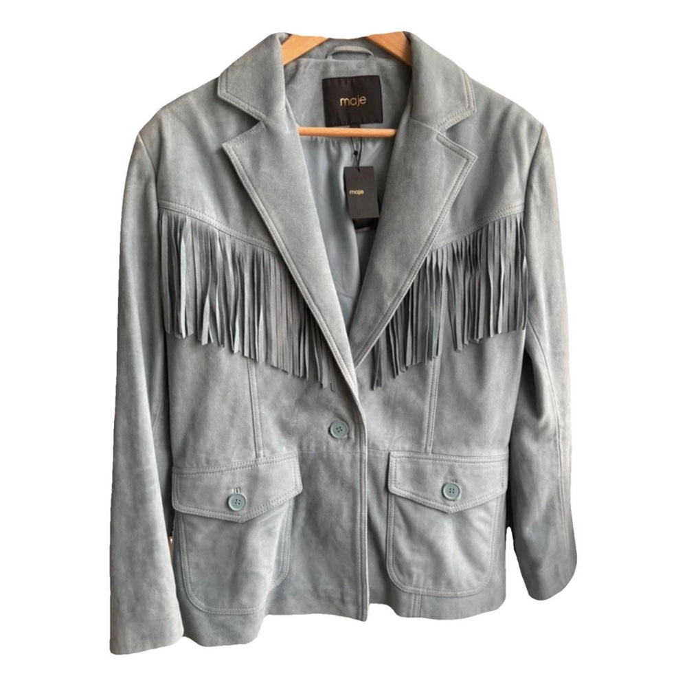 Maje Vizmir Fringe Trim Suede Jacket Size European 40